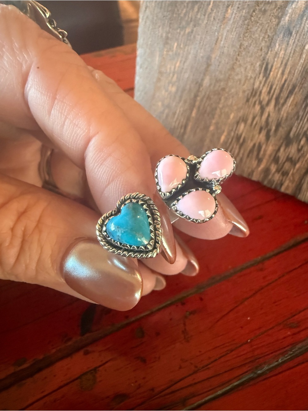 Sterling Silver Heart and cluster Ring Kingman Turquoise and Pink Conch